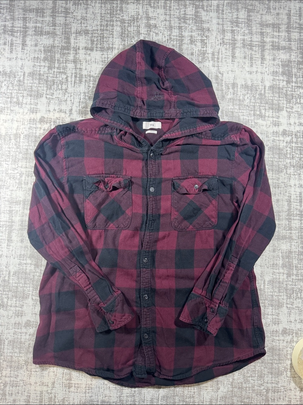 TNA Men's Hooded Plaid Button-Down Shirt - Burgundy & Black